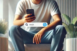 Homem sentado em uma cadeira com as pernas cruzadas, vestindo camiseta branca e calça azul, segurando um celular enquanto navega na internet, em um ambiente moderno e minimalista