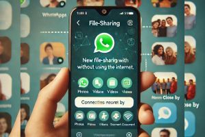 A imagem mostra a interface do WhatsApp com a nova funcionalidade de compartilhamento de arquivos sem internet, destacando as opções para compartilhar fotos, vídeos e documentos.