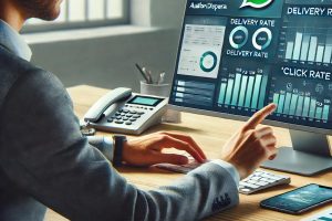 Profissional de negócios analisando métricas de campanhas de WhatsApp na tela do computador, com gráficos e dados de taxas de entrega, abertura e cliques.