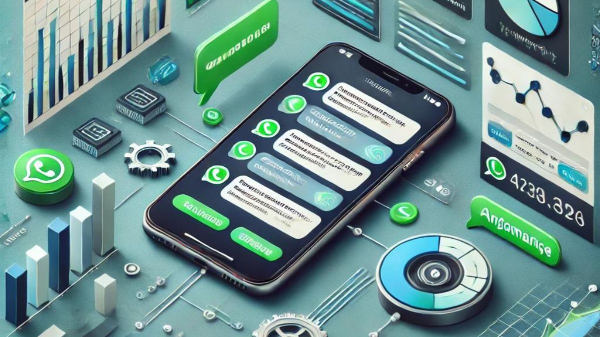 Tela de smartphone com conversa no WhatsApp, exibindo mensagens personalizadas, botões de chamada para ação e ícones de automação, cercada por gráficos de crescimento em vendas e engajamento.