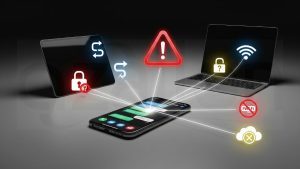 Imagem conceitual mostrando um smartphone no centro tentando se conectar a um tablet e um laptop, mas as conexões são interrompidas por ícones de erro, como falha de sincronização, segurança e backup, simbolizando os erros comuns ao configurar dispositivos de mensagens