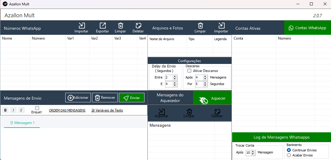 Interface do Azallon Mult — software para disparos em massa no WhatsApp