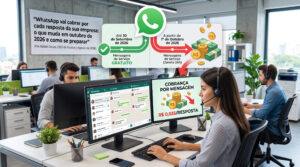Infográfico ilustrando a mudança de cobrança no WhatsApp Business API: Gratuito até 30/09/26, e cobrado a R$ 0,035 por mensagem a partir de 01/10/26.