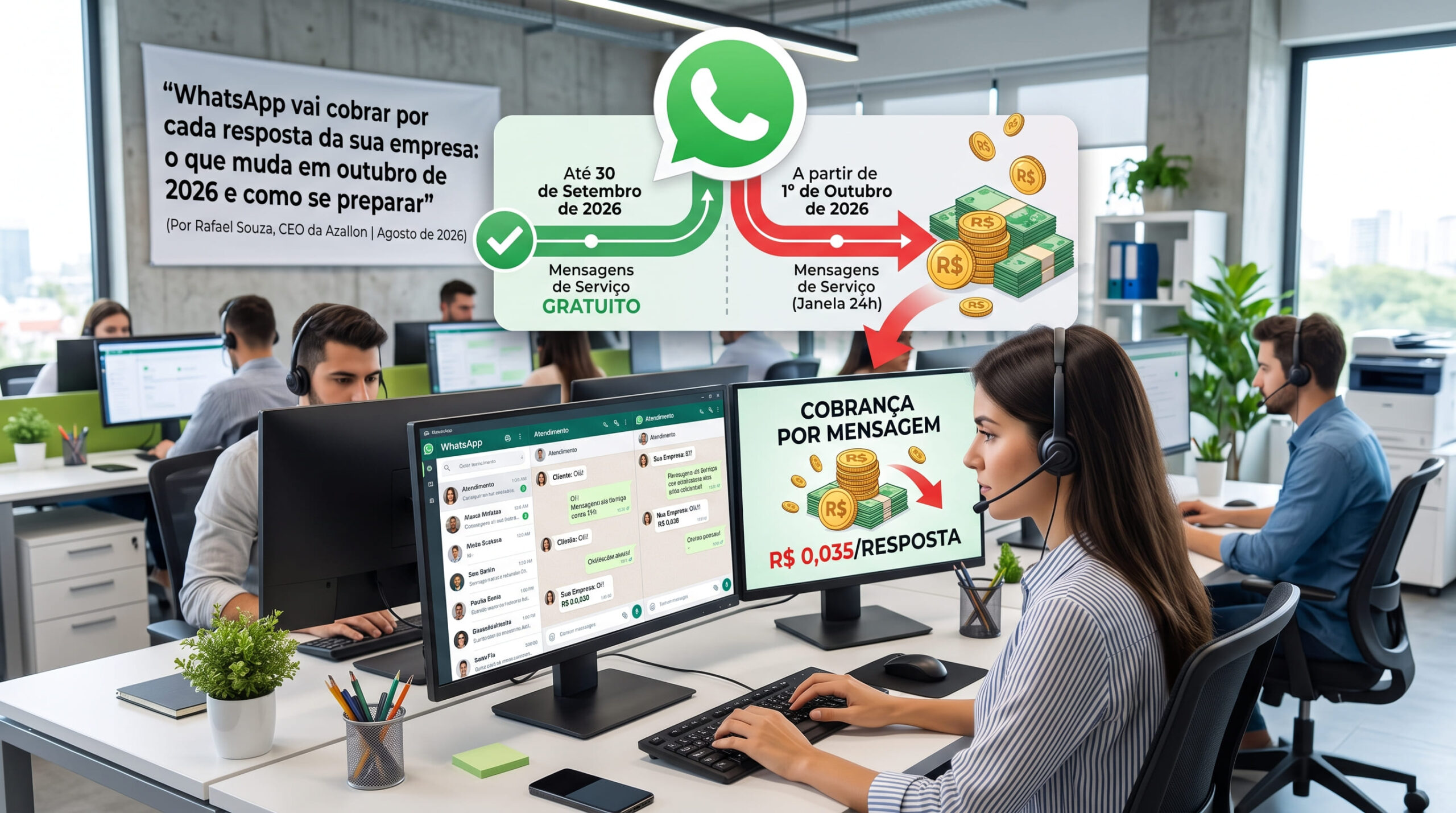 Infográfico ilustrando a mudança de cobrança no WhatsApp Business API: Gratuito até 30/09/26, e cobrado a R$ 0,035 por mensagem a partir de 01/10/26.