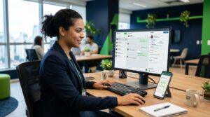 tendente em escritório usando painel de multiatendimento com robô de atendimento WhatsApp integrado a CRM