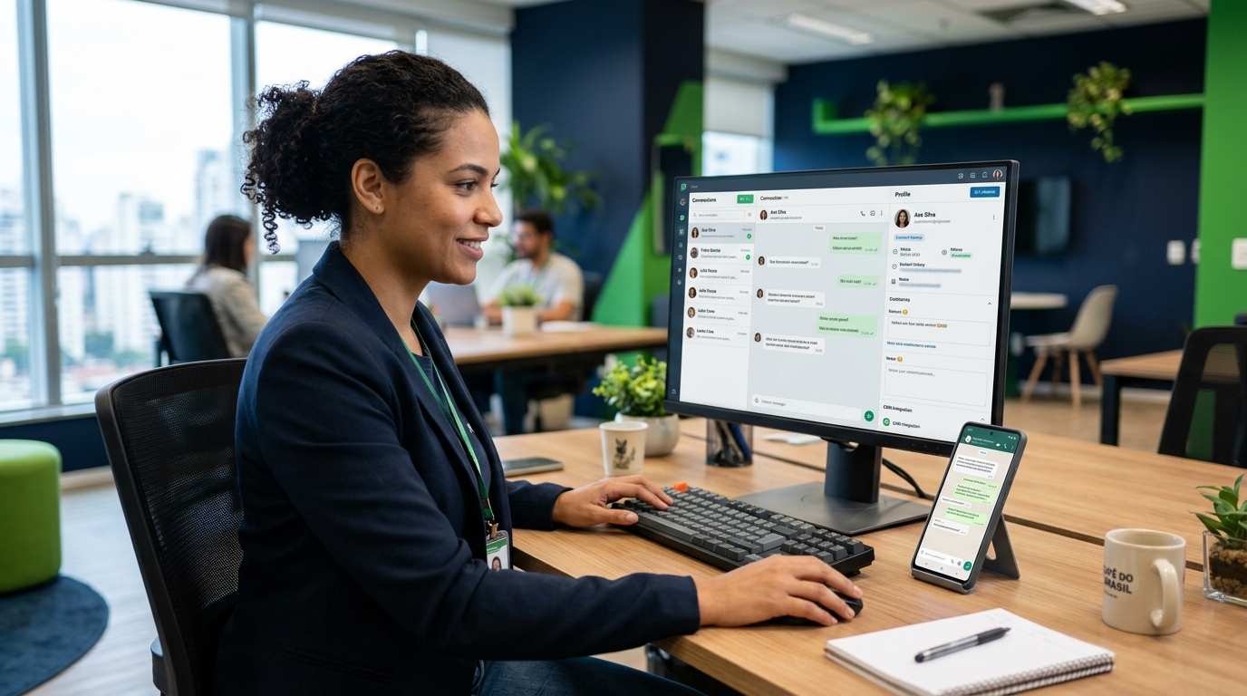 tendente em escritório usando painel de multiatendimento com robô de atendimento WhatsApp integrado a CRM