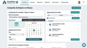 Tela do disparador de WhatsApp Azallon Dispara PRO com campanha de disparo em massa agendada e lista de contatos segmentada
