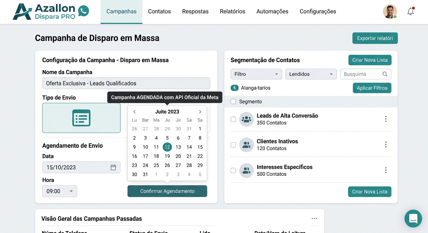 Tela do disparador de WhatsApp Azallon Dispara PRO com campanha de disparo em massa agendada e lista de contatos segmentada