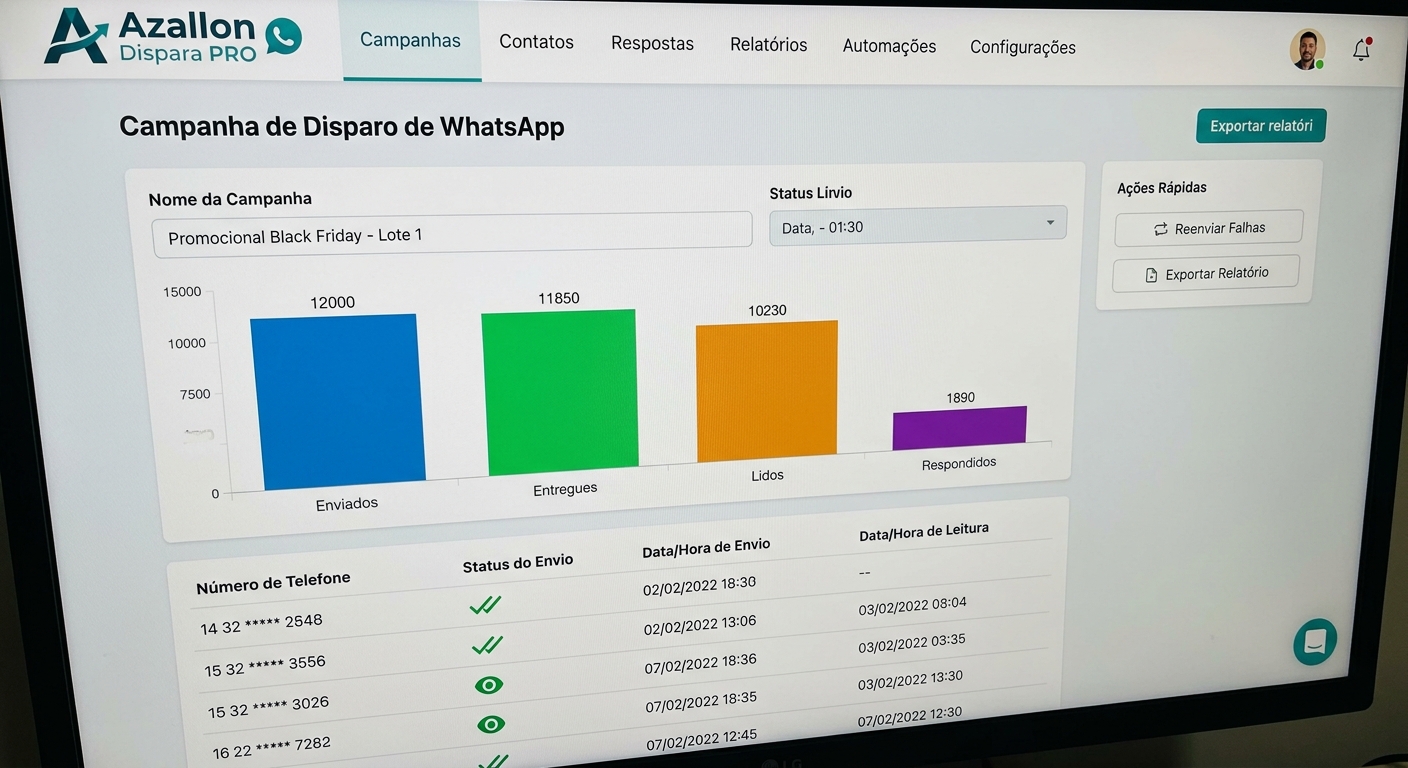 Painel do Azallon Dispara PRO mostrando uma campanha de disparo de WhatsApp com relatório de entregas, leituras e respostas