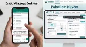 Celular com o WhatsApp Business aberto em uma lista de transmissão ao lado de um painel de disparo de WhatsApp em nuvem