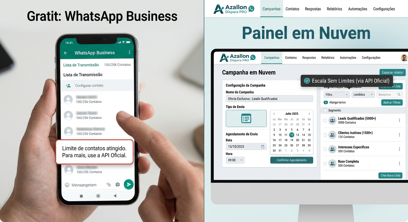 Celular com o WhatsApp Business aberto em uma lista de transmissão ao lado de um painel de disparo de WhatsApp em nuvem