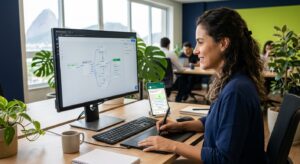 Profissional desenhando o fluxo de um chatbot de atendimento no WhatsApp em um computador